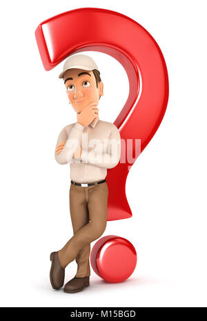 3d delivery man leaning back against question mark, illustration with isolated white background Stock Photo