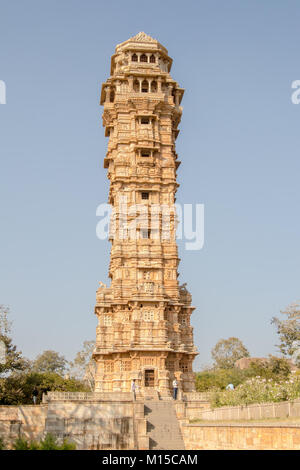 The Vijaya Stambha is an imposing victory monument located within Chittorgarh fort in Chittorgarh, Rajasthan, India. Stock Photo