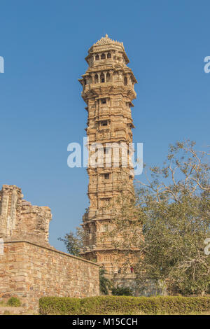 The Vijaya Stambha is an imposing victory monument located within Chittorgarh fort in Chittorgarh, Rajasthan, India. Stock Photo