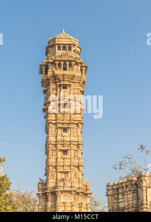 The Vijaya Stambha is an imposing victory monument located within Chittorgarh fort in Chittorgarh, Rajasthan, India. Stock Photo