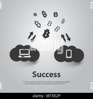 Black and White Bitcoin Signs and Cloud Concept Design - Illustration in Editable Vector Format Stock Vector