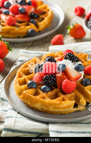 Sweet Homemade Berry Belgian Waffle with Whipped Cream Stock Photo