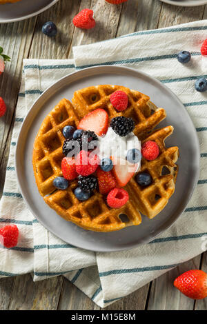 Sweet Homemade Berry Belgian Waffle with Whipped Cream Stock Photo