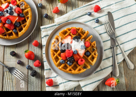 Sweet Homemade Berry Belgian Waffle with Whipped Cream Stock Photo