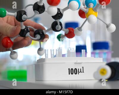 MODEL RELEASED. Chemistry research. Researcher designing a chemical formula using a molecular model in the lab. Stock Photo