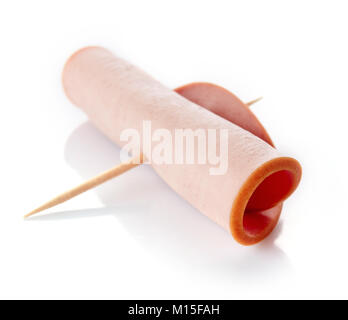 Slice of boiled ham sausage isolated on white background Stock Photo