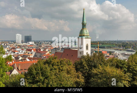 View from castle on Bratislava city with St. Martin Cathedral and Danube river, Slovakia. Stock Photo