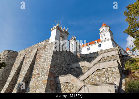 Gate, tower and stairs to the Bratislava Castle against clear blue sky, Slovakia. Stock Photo