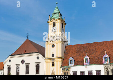 Old Town Hall facade on Hlavne or Main square in Bratislava, Slovakia. Stock Photo