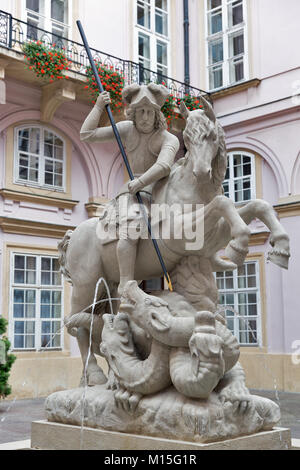 Fountain of Saint George at Primate Palace courtyard closeup in Bratislava, Slovakia. Stock Photo