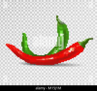 Vector Set of Red and Green Hot Chili Pepper Isolated on Transparent Background Stock Vector