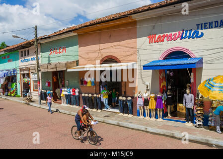 Colorful shops in historic city Leon, Nicaragua Stock Photo