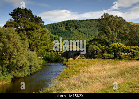 Stream flowing under old stone arch bridge past meadows and trees in Scotland Stock Photo