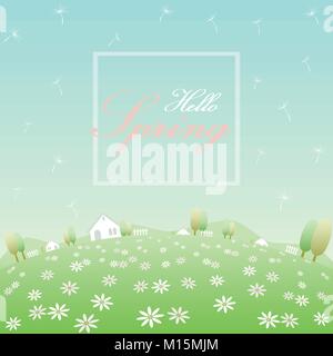 Hello spring text in white frame banner with background of rounded flowers field, white houses, fences, trees, hills, blowing dandelion and clear blue Stock Vector