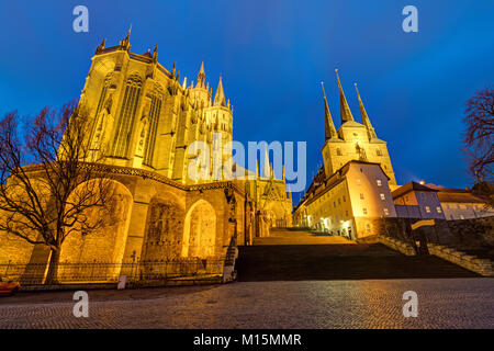Cathedral and Severi church in Erfurt at dusk Stock Photo