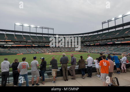 Pre-game view of fans inside Oriole Park at Camden Yards, home to the Baltimore Orioles Major League Baseball team in Baltimore, Maryland, USA. Stock Photo