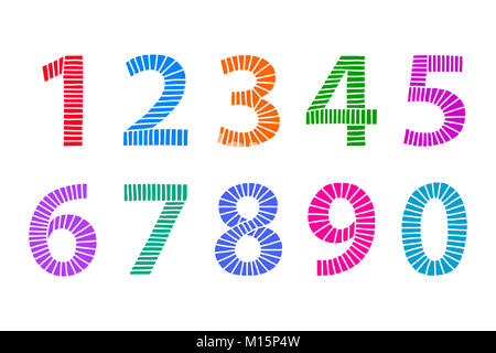 Multi colored hand drawn numbers made of lines in even distances. From one to zero in coordinated bright colors. Illustration. Isolated on white. Stock Photo