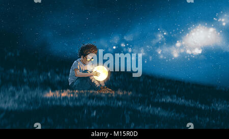 night scene showing young boy with a little moon in his hands sitting on meadow, digital art style, illustration painting Stock Photo