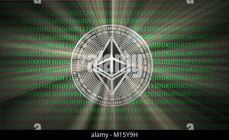 Symbol picture Cryptocurrency,digital currency,silver coin Ethereum in front of digital binary code Stock Photo