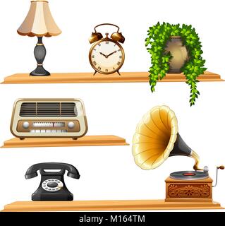 Vintage items on wooden shelves illustration Stock Vector