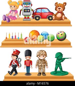 Different dolls and balls on shelves illustration Stock Vector