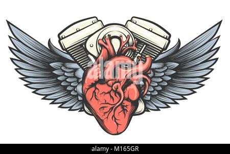 Motorcycle engine with wings tatoo label. Vector illustration. Stock Vector