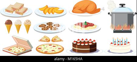 Different kinds of food on plates illustration Stock Vector