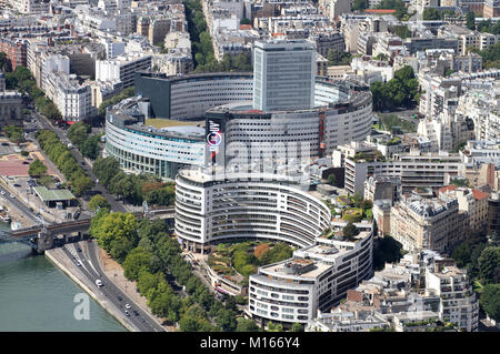 View of Radio France, Maison de la Radio and other buildings at the end of Pont Rouelle bridge from the top of the Eiffel Tower, Paris, France. Stock Photo
