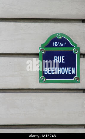 Sign showing rue Beethoven Street in the 16th Arrondissement (Administrative District) of Paris, France. Stock Photo