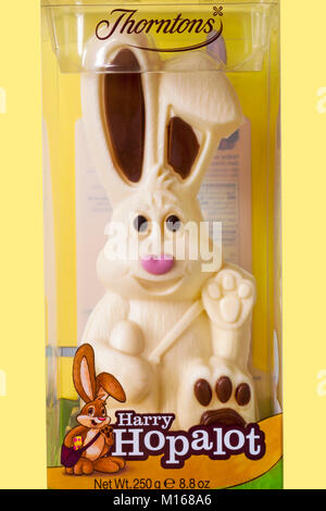 Thorntons Harry Hopalot white chocolate Easter bunny rabbit in packaging set on yellow background - ideal Easter present gift Stock Photo