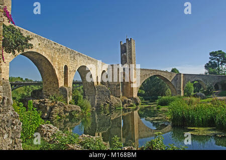 Fortified Bridge, over River Fluvia, Besalu, Catalonia, Spain, Stock Photo