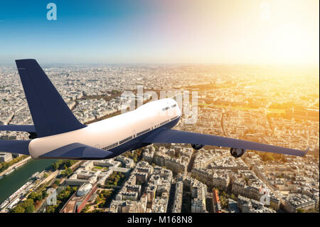 Illustration of airplane with city skyline on world map Stock Photo - Alamy