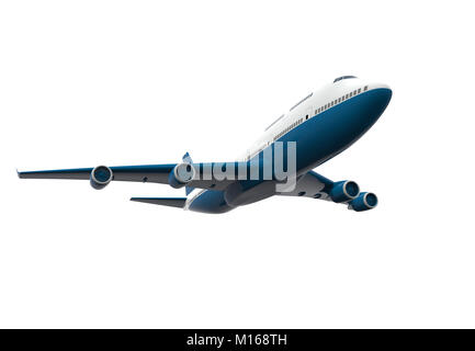 Blue and white airplane isolated on a white background: 3D illustration Stock Photo