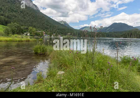Lake Hintersee near Ramsau in Bavarian alps with hotels Stock Photo