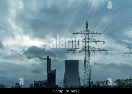 Coal-fired power station, in front electricity pole, Heilbronn, Baden-Württemberg, Germany Stock Photo