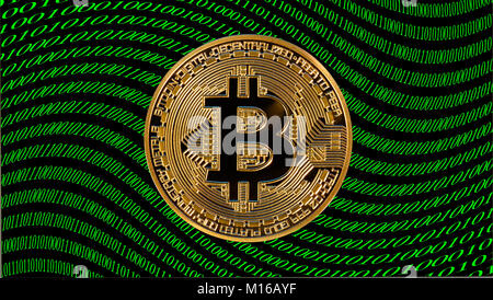 Symbol image turbulence, volatility, stock price digital currency, gold physical coin bitcoin laptop with digital binary code Stock Photo