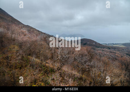 Panoramic views over Lake Toya from Mount. Usu Ropeway. The ropeway opened in 1965, and climbs Mount Usu, the active volcano in Shikotsu-Toya. Stock Photo