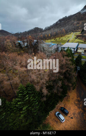 Panoramic views over Lake Toya from Mount. Usu Ropeway. The ropeway opened in 1965, and climbs Mount Usu, the active volcano in Shikotsu-Toya. Stock Photo