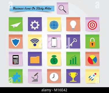 Vector Illustration Ready-To-Use 21 Colorful Business Icons On Sticky Notes Designed as Multiple Objects Involved In Work, Startup, Finance. Stock Vector