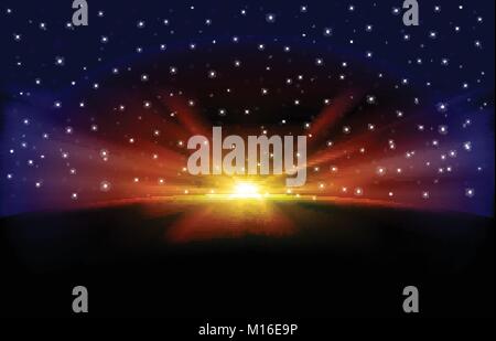 abstract dark background with stars and sunrise vector illustration Stock Vector