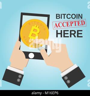 smartphone in business man hand with bitcoin sign and word bitcoin accepted here. bitcoin electronic money concept Stock Vector
