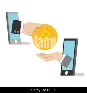 vector illustration. business man hand from smartphone use golden bitcoin for payment . bitcoin electronic money concept Stock Vector