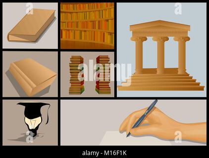 education and books set. building and library illustration Stock Vector