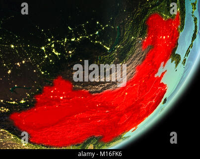 China in the morning highlighted in red on planet Earth. 3D illustration. Elements of this image furnished by NASA. Stock Photo