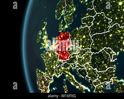 Orbit view of Germany highlighted in red with visible borderlines and city lights on planet Earth at night. 3D illustration. Elements of this image fu Stock Photo