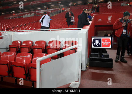 A view of the Video Assistant Referee (VAR) System pitch side which will be used tonight during the Emirates FA Cup, fourth round match at Anfield, Liverpool. Stock Photo