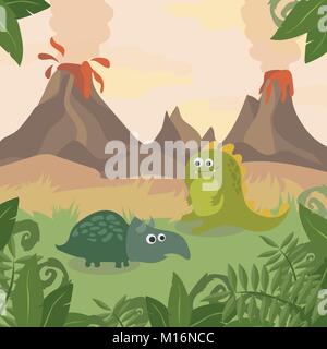 Prehistoric wildlife. Nature landscape with dinos, mountains, volcanos Stock Vector