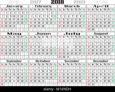 2018 calendar Landscape Oriented Stock Vector