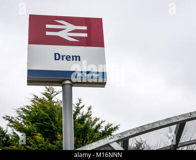 Close up of Drem train station ScotRail sign, with network logo, Drem, East Lothian, Scotland, United Kingdom Stock Photo