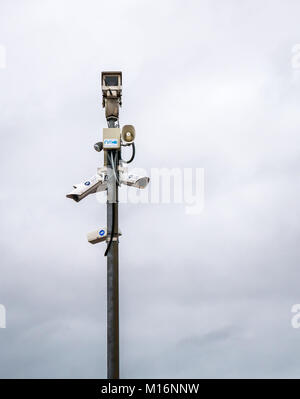 CCTV cameras and sound horn, Network Rail, Drem station, East Lothian, Scotland, UK Stock Photo